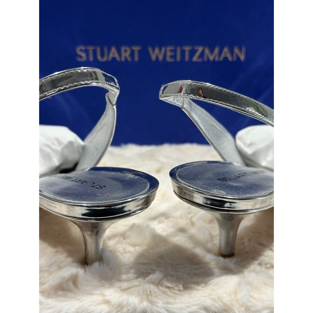 Stuart Weitzman Silver Slingback Pumps | Pointed Toe Heels Luxury Modern Glam‎ - Picture 6 of 7